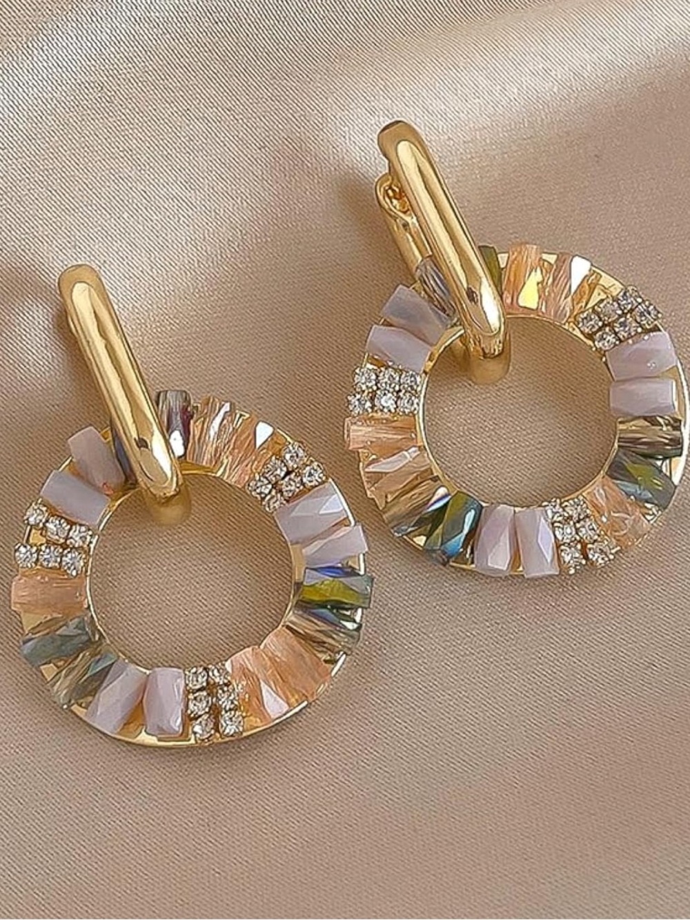 Anthropologie Gold Hoop Earrings with Pastel Crystal Wreath - Picture 4 of 5